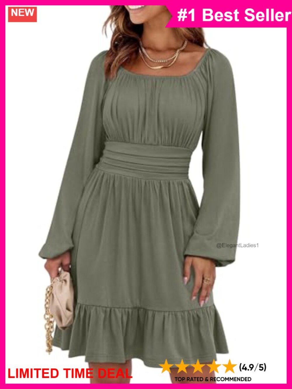 Women's Long Lantern Sleeve Square Neck Short Dress Ruched Smocked A-Line Casual